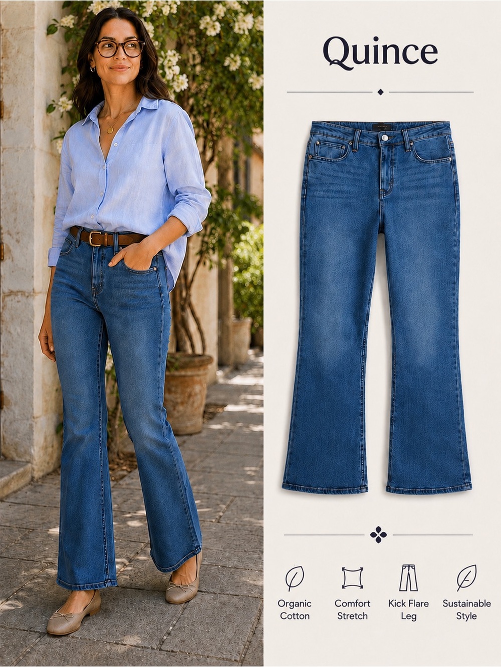 NWOT! Quince Bella Stretch Kick Flare Jeans - Seaside Blue